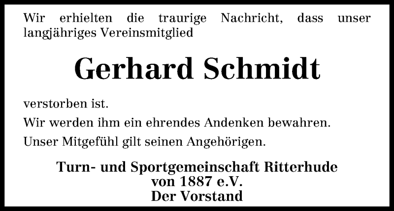 Traueranzeige von Gerhard Schmidt von Osterholzer Kreisblatt