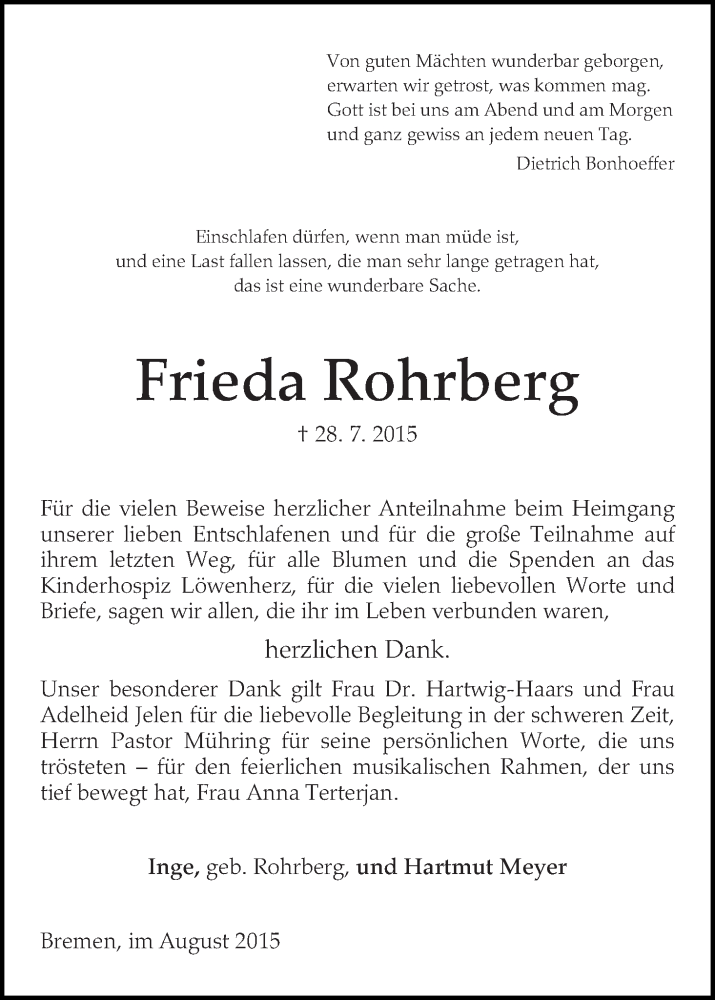 Traueranzeige von Frieda Rohrberg von WESER-KURIER