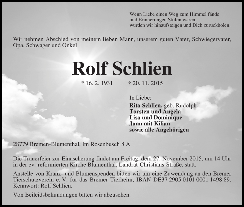 Traueranzeige von Rolf Schlien von Die Norddeutsche