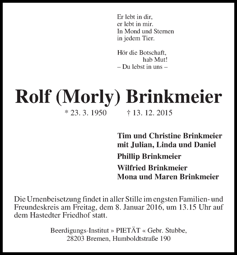 Traueranzeige von Rolf (Morly) Brinkmeier von WESER-KURIER