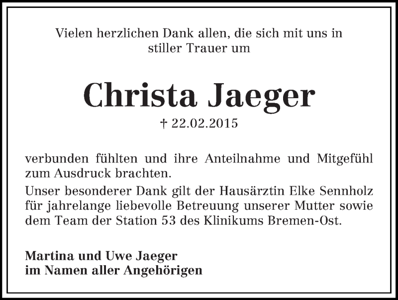 Traueranzeige von Christa Jaeger von WESER-KURIER