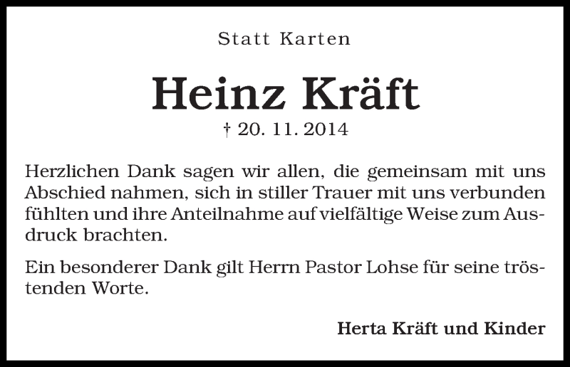 Traueranzeige von Heinz Kräft von WESER-KURIER