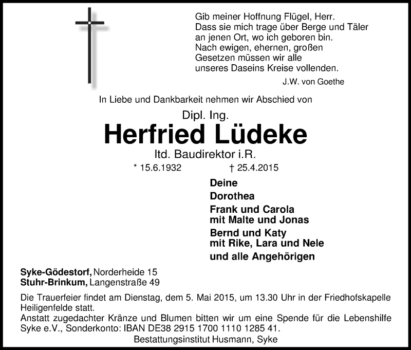 Traueranzeige von Herfried Lüdeke von WESER-KURIER