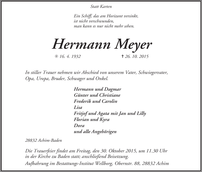 Traueranzeige von Hermann Meyer von Achimer Kurier/Verdener Nachrichten