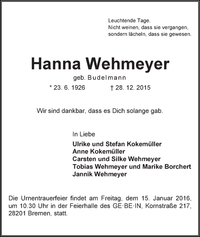 Traueranzeige von Hanna Wehmeyer von WESER-KURIER