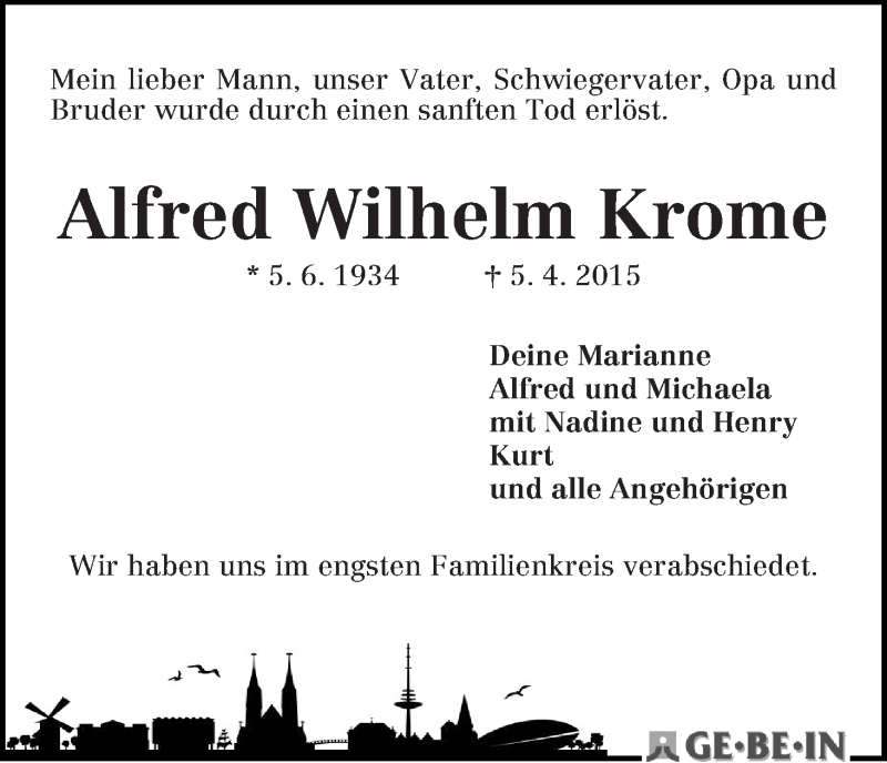 Traueranzeige von Alfred Wilhelm Krome von WESER-KURIER