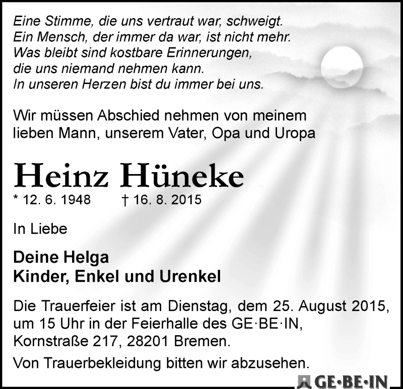 Traueranzeige von Heinz Hüneke von WESER-KURIER
