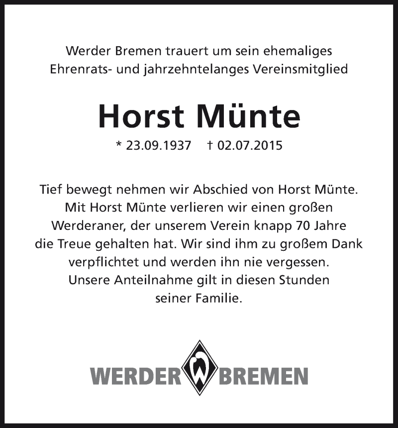 Traueranzeige von Horst Münte von WESER-KURIER