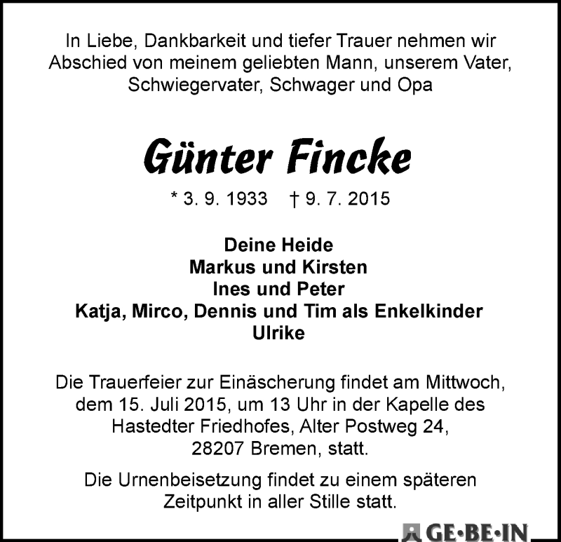 Traueranzeige von Günter Fincke von WESER-KURIER
