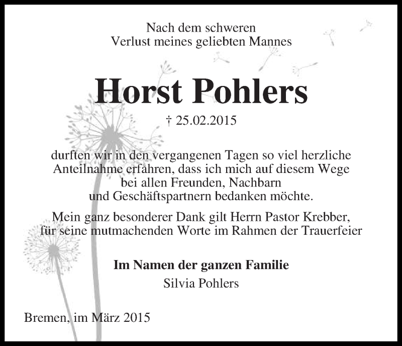 Traueranzeige von Horst Pohlers von WESER-KURIER
