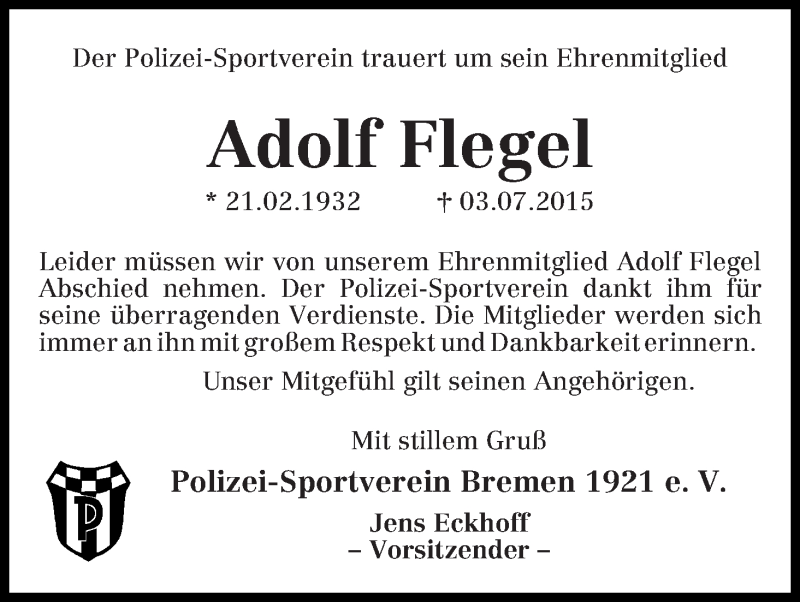 Traueranzeige von Adolf Flegel von WESER-KURIER