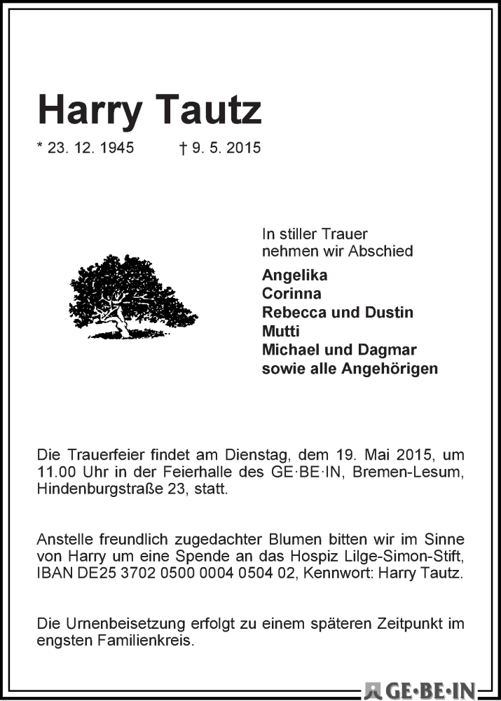 Traueranzeige von Harry Tautz von WESER-KURIER