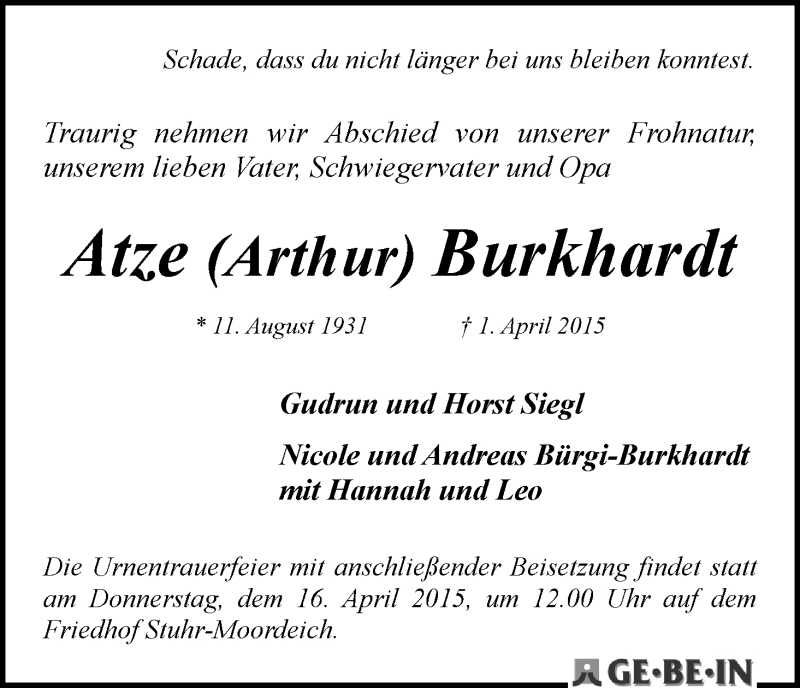 Traueranzeige von Atze (Arthur) Burkhardt von WESER-KURIER