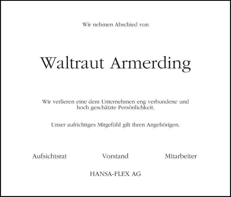 Traueranzeige von Waltraut Armerding von WESER-KURIER