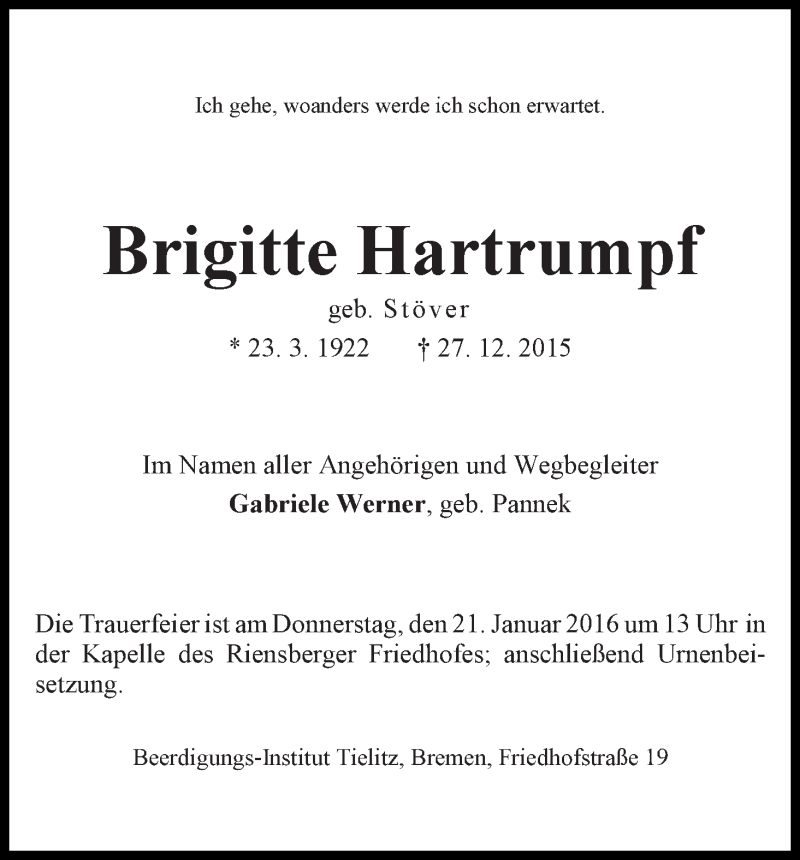 Traueranzeige von Brigitte Hartrumpf von WESER-KURIER