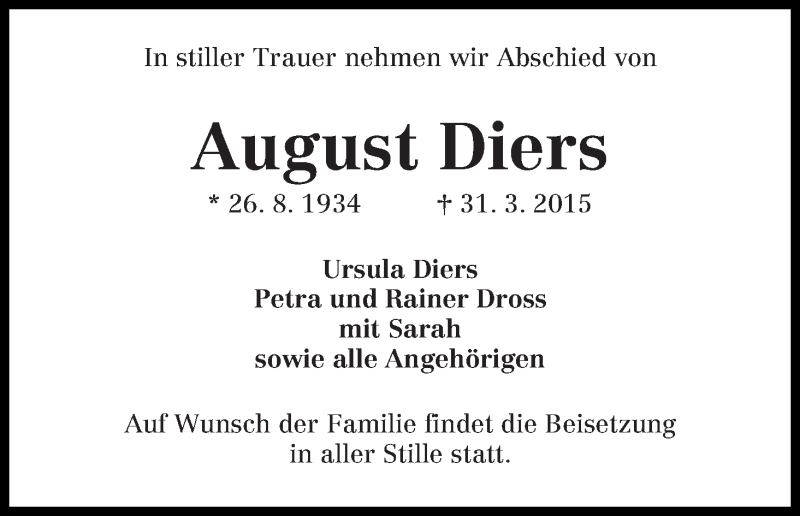 Traueranzeige von August Diers von Die Norddeutsche