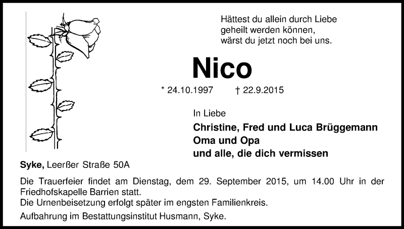 Traueranzeige von Nico Brüggemann von Regionale Rundschau/Syker Kurier
