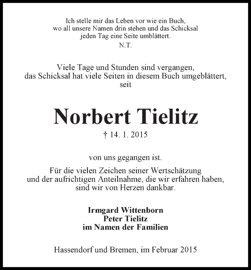 Traueranzeige von Norbert Tielitz von WESER-KURIER
