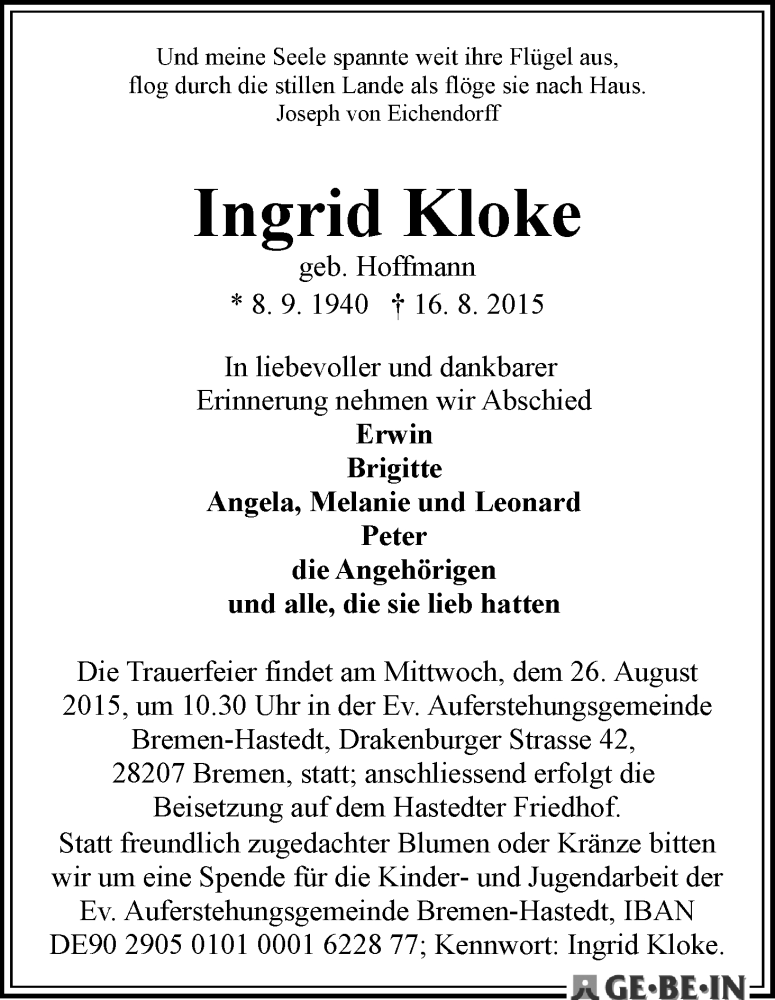 Traueranzeige von Ingrid Kloke von WESER-KURIER