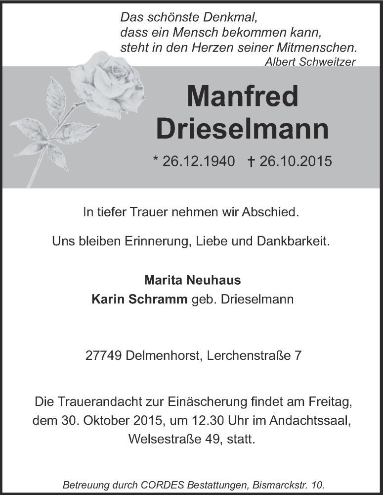Traueranzeige von Manfred Drieselmann von Die Norddeutsche