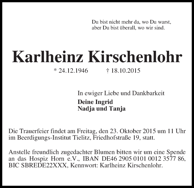 Traueranzeige von Karlheinz Kirschenlohr von WESER-KURIER