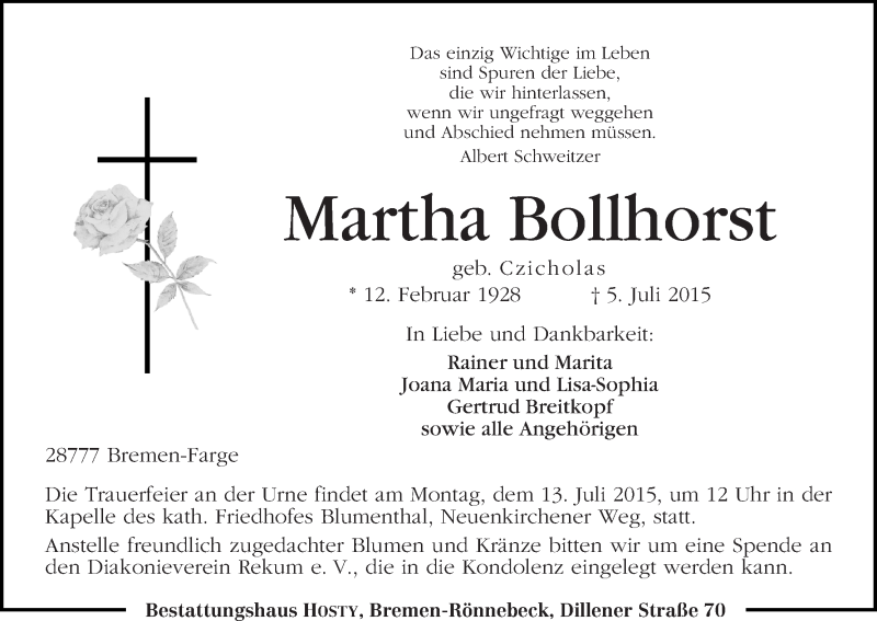 Traueranzeige von Martha Bollhorst von Die Norddeutsche