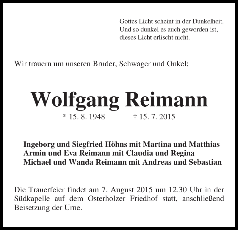 Traueranzeige von Wolfgang Reimann von WESER-KURIER