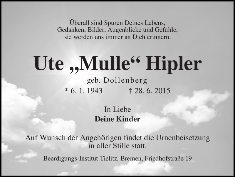 Traueranzeige von Ute Hipler von WESER-KURIER