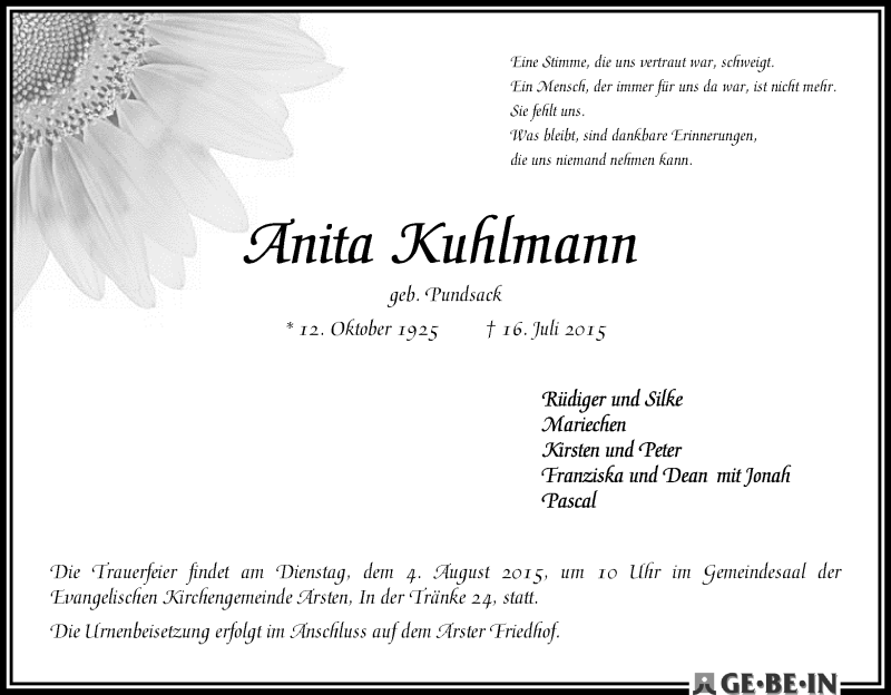 Traueranzeige von Anita Kuhlmann von WESER-KURIER