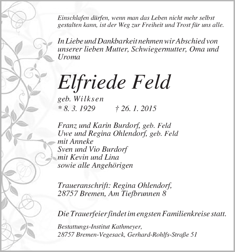 Traueranzeige von Elfriede Feld von Die Norddeutsche