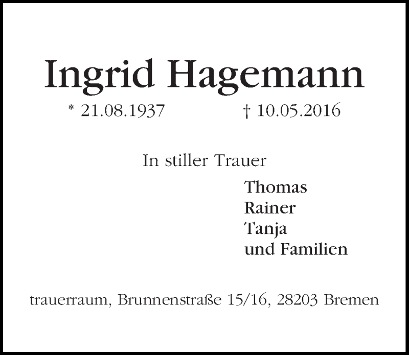 Traueranzeige von Ingrid Hagemann von WESER-KURIER