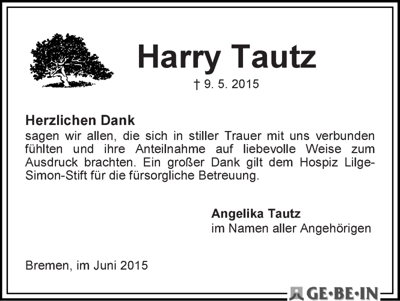 Traueranzeige von Harry Tautz von WESER-KURIER
