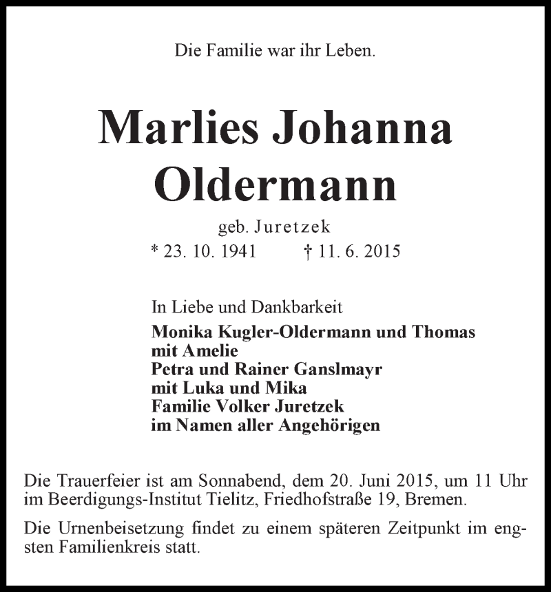 Traueranzeige von Marlies Johanna Oldermann von WESER-KURIER