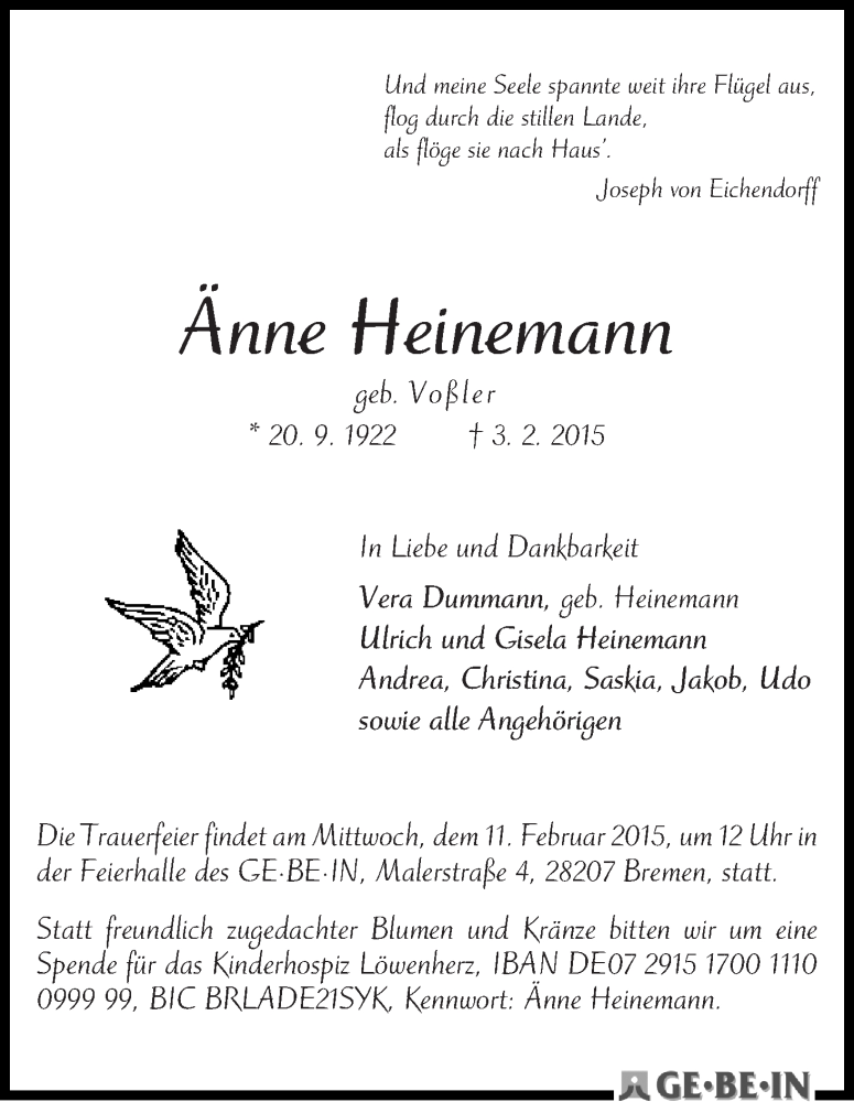 Traueranzeige von Änne Heinemann von WESER-KURIER