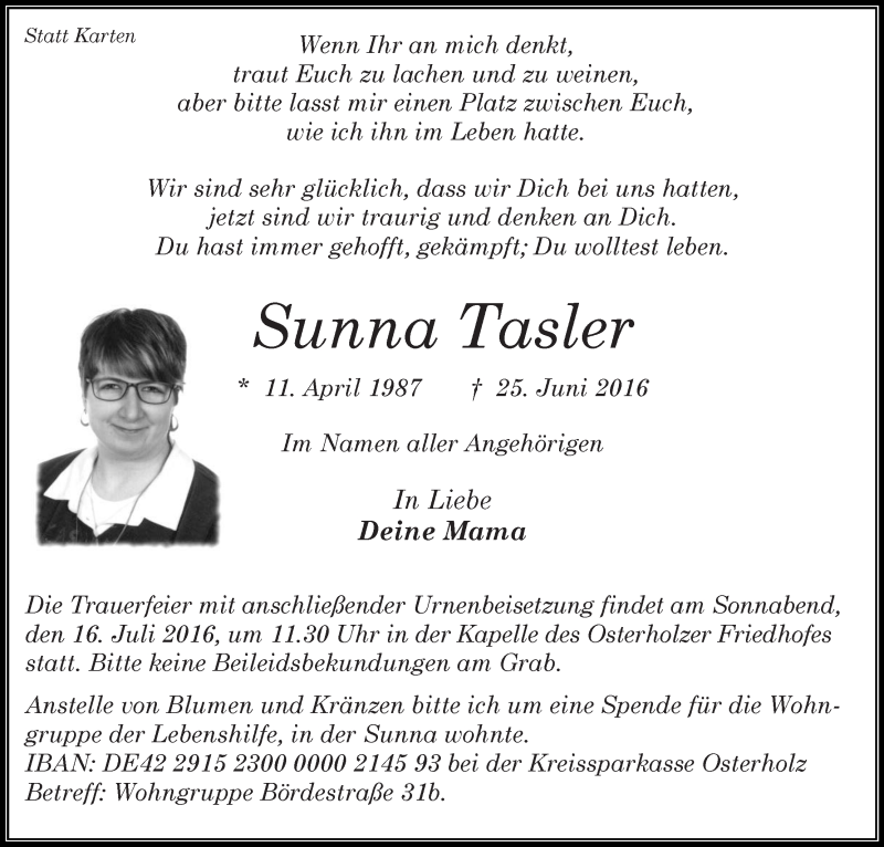 Traueranzeige von Sunna Tasler von Osterholzer Kreisblatt