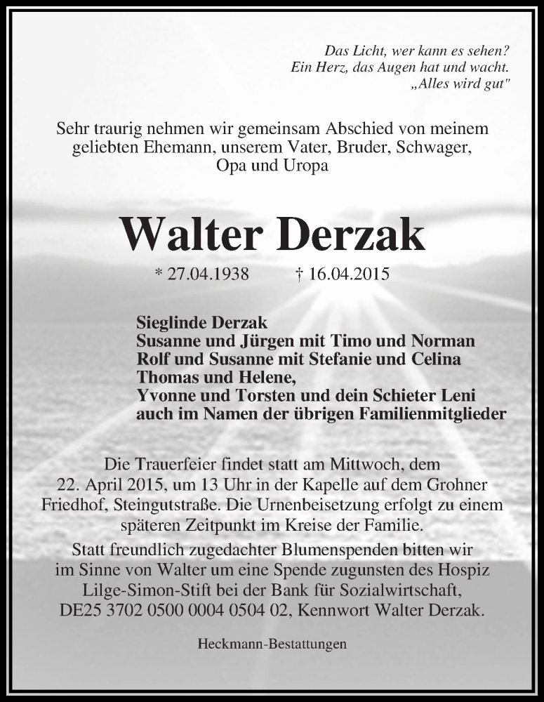 Traueranzeige von Walter Derzak von Die Norddeutsche