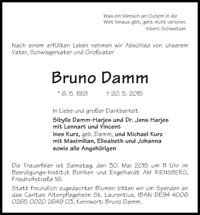 Traueranzeige von Bruno Damm von WESER-KURIER