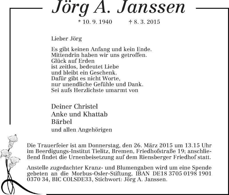 Traueranzeige von Jörg A Janssen von WESER-KURIER