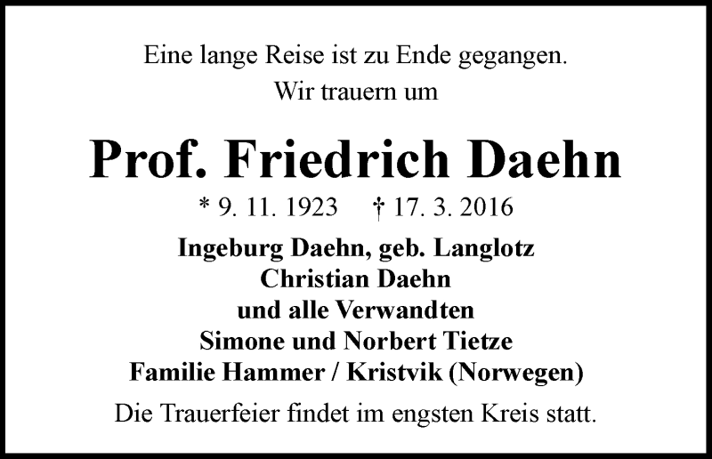 Traueranzeige von Prof. Friedrich Daehn von WESER-KURIER