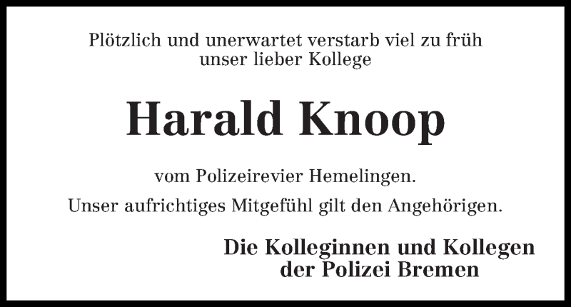 Traueranzeige von Harald Knoop von WESER-KURIER