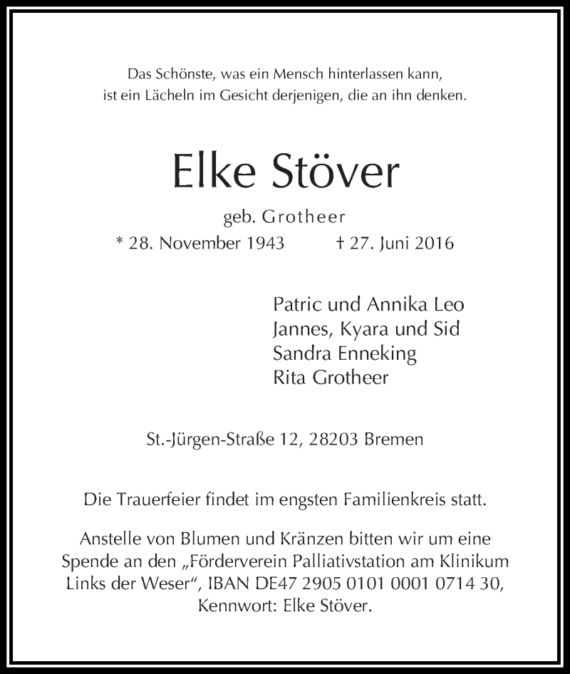 Traueranzeige von Elke Stöver von WESER-KURIER