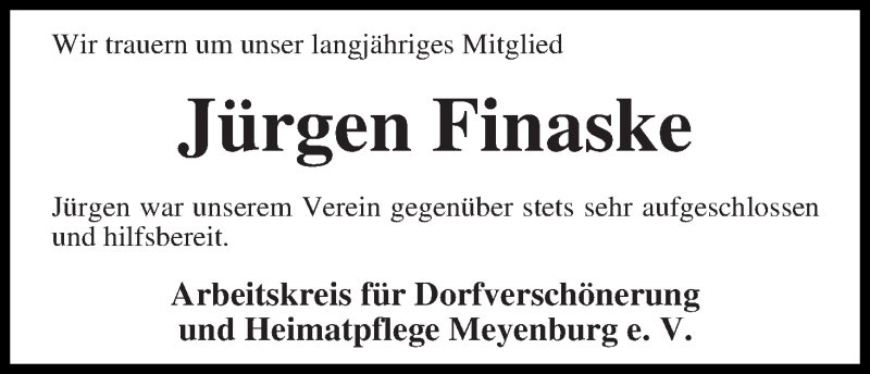 Traueranzeige von Jürgen Finaske von Die Norddeutsche