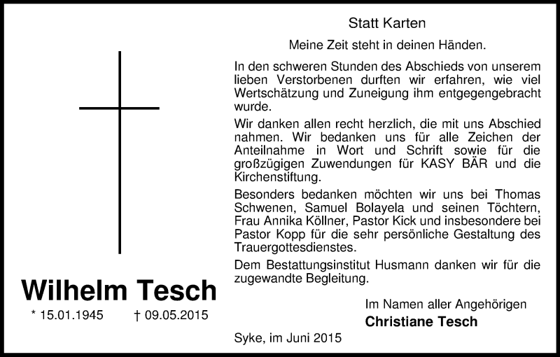Traueranzeige von Wilhelm Tesch von Regionale Rundschau/Syker Kurier