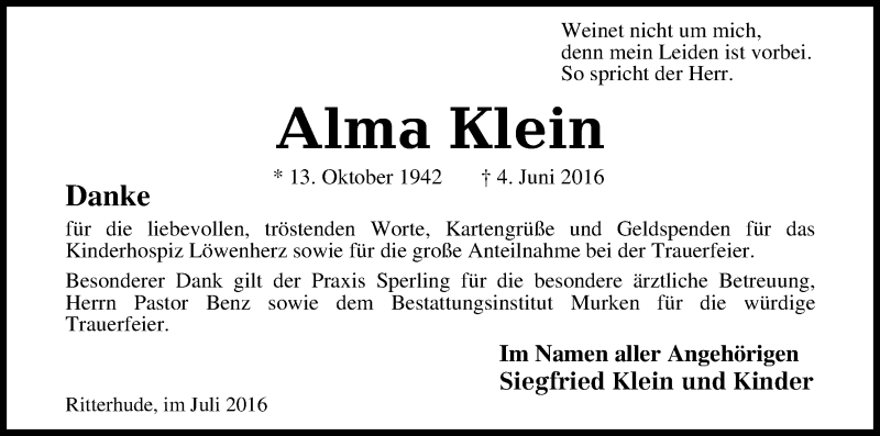 Traueranzeige von Alma Klein von Osterholzer Kreisblatt