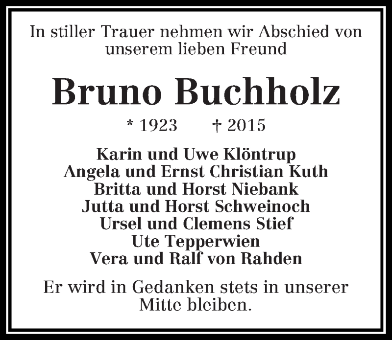 Traueranzeige von Bruno Buchholz von WESER-KURIER