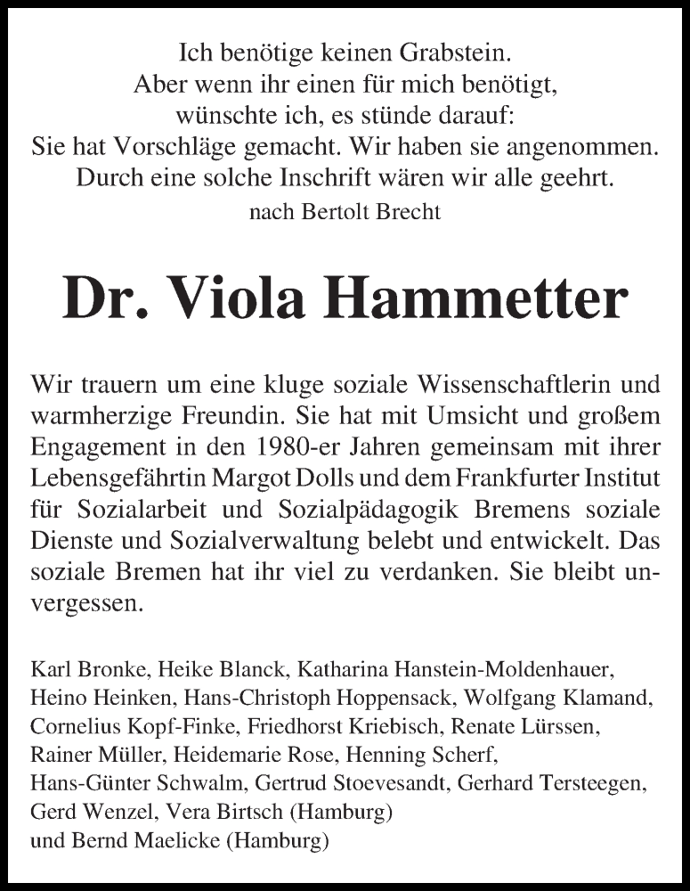 Traueranzeige von Viola Hammetter von WESER-KURIER