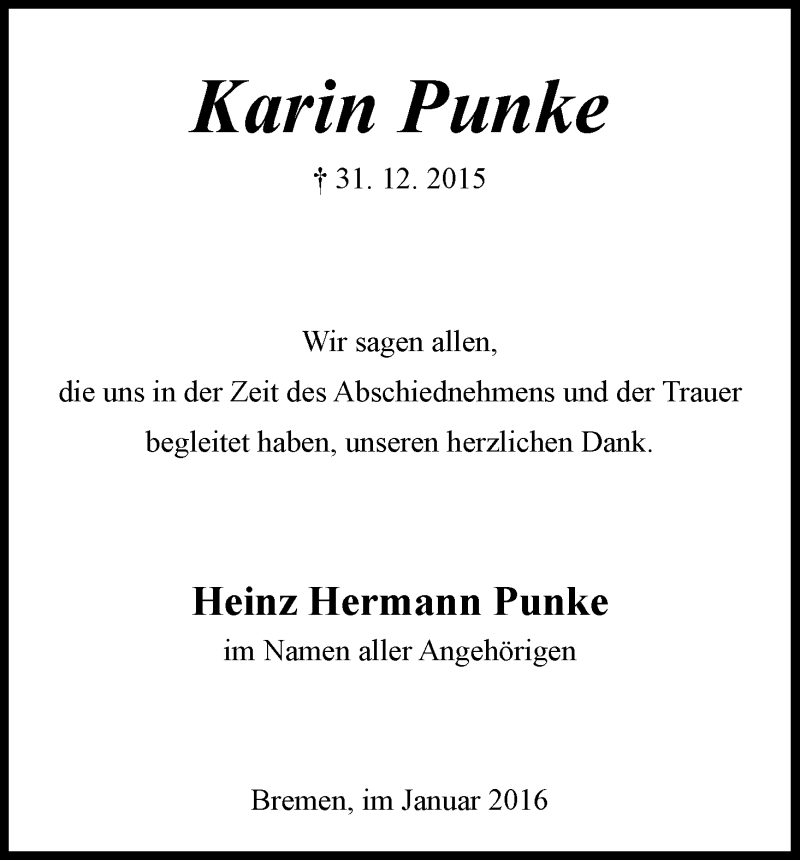 Traueranzeige von Karin Punke von WESER-KURIER