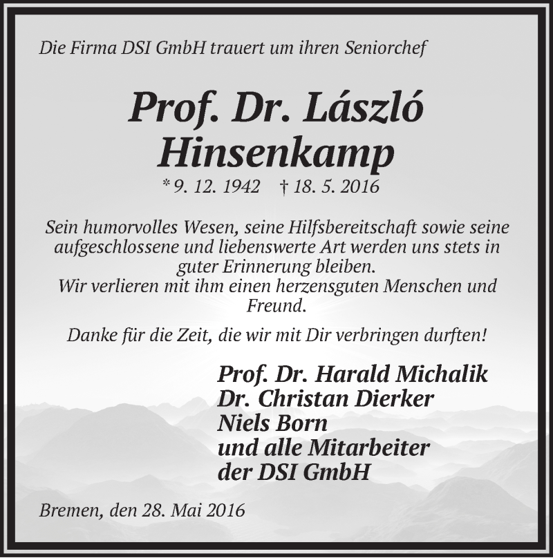 Traueranzeige von László Hinsenkamp von WESER-KURIER
