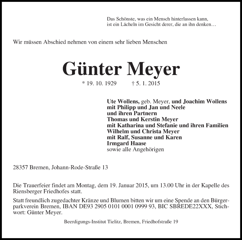 Traueranzeige von Günter Meyer von WESER-KURIER