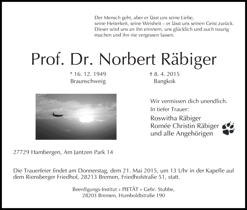 Traueranzeige von Norbert Räbinger von Osterholzer Kreisblatt